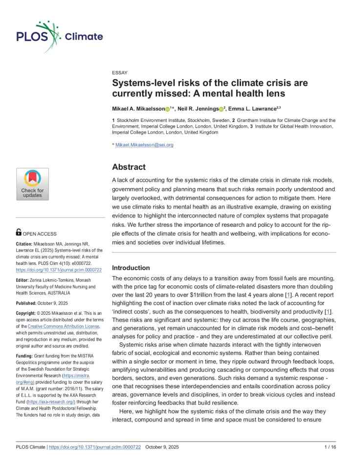 Systems-level risks of the climate crisis are currently missed: A mental health lens thumbnail