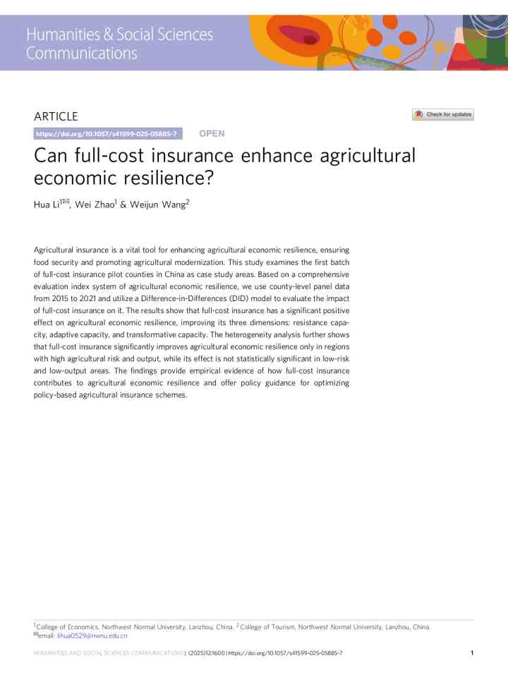 Can full-cost insurance enhance agricultural economic resilience? thumbnail