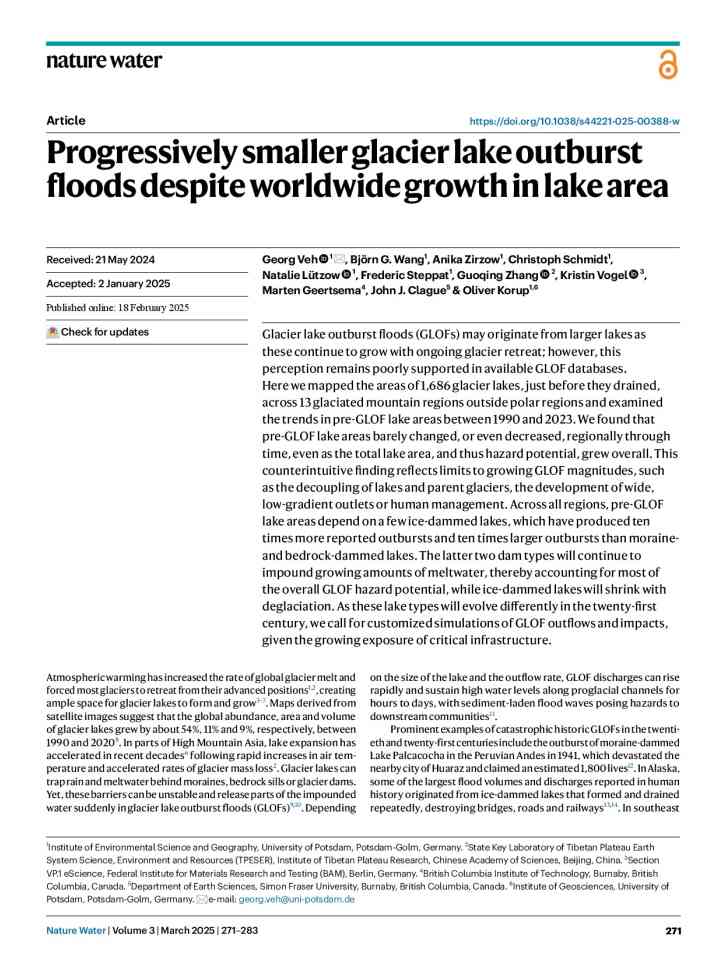 Progressively smaller glacier lake outburst floods despite worldwide growth in lake area thumbnail