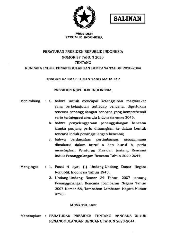 Indonesia: Disaster Management Master Plan (RIPB) 2020-2044 thumbnail