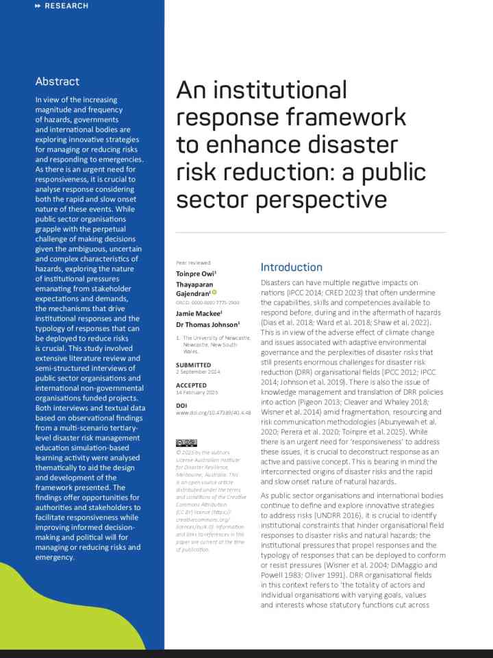 An institutional response framework to enhance disaster risk reduction: a public sector perspective thumbnail