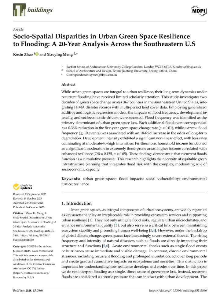 Socio-spatial disparities in urban green space resilience to flooding: A 20-year analysis across the southeastern U.S. thumbnail