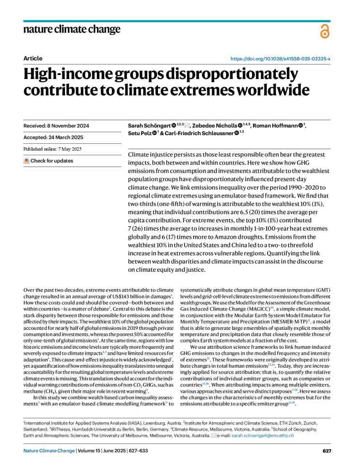 High-income groups disproportionately contribute to climate extremes worldwide thumbnail