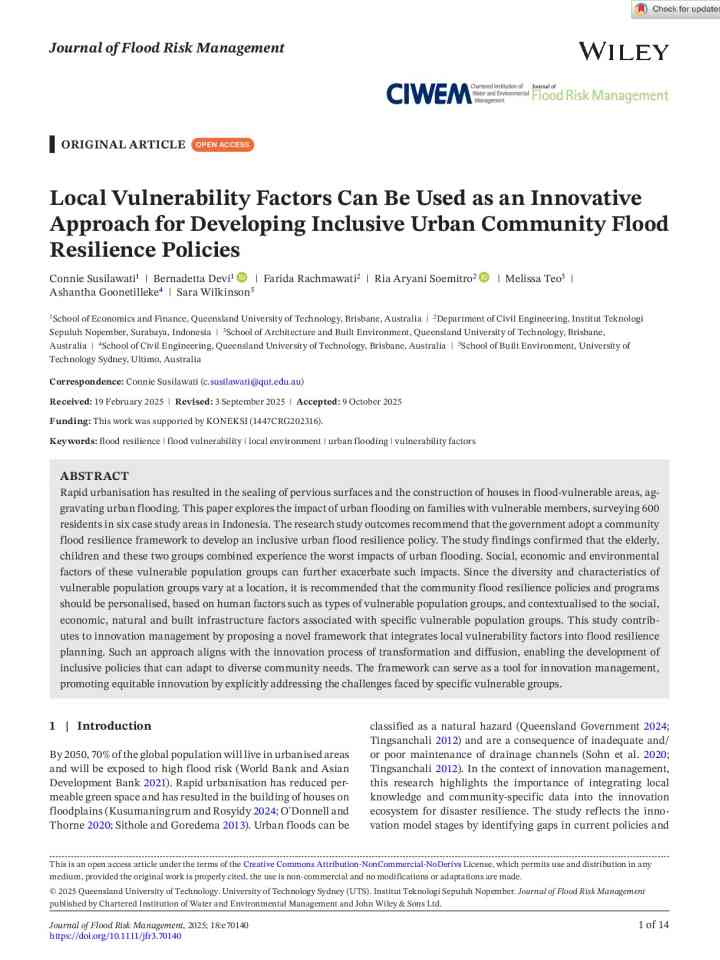Local vulnerability factors can be used as an innovative approach for developing inclusive urban community flood resilience policies thumbnail