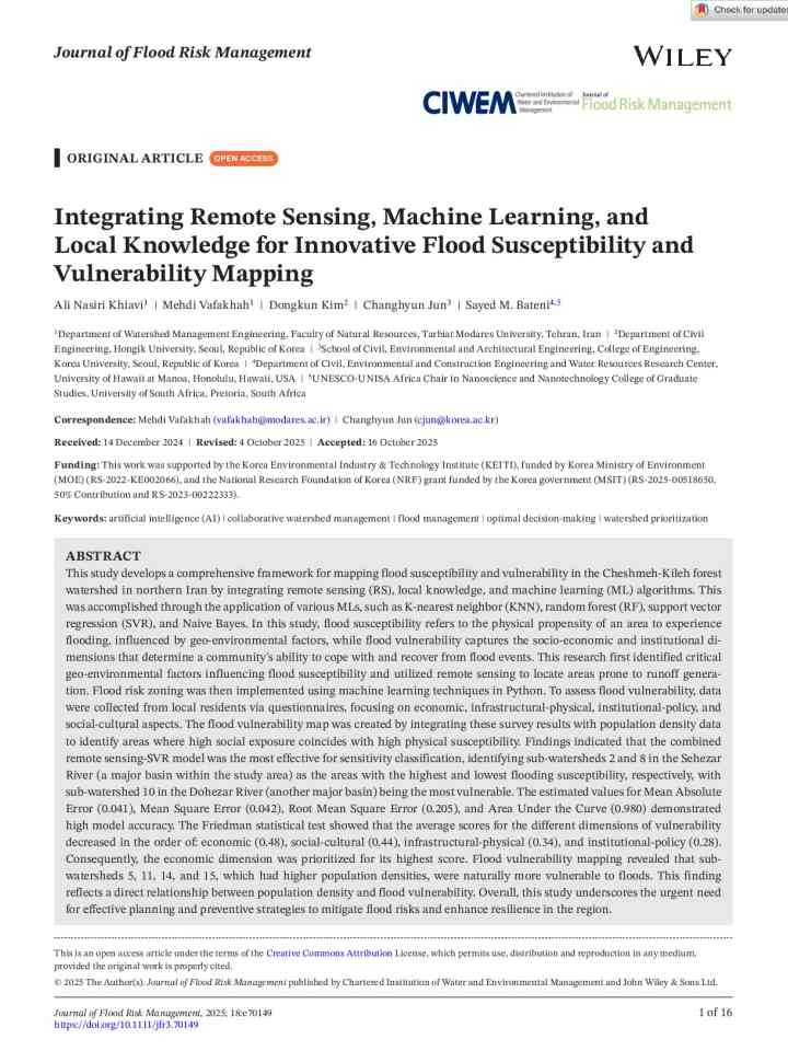 Integrating remote sensing, machine learning, and local knowledge for innovative flood susceptibility and vulnerability mapping thumbnail