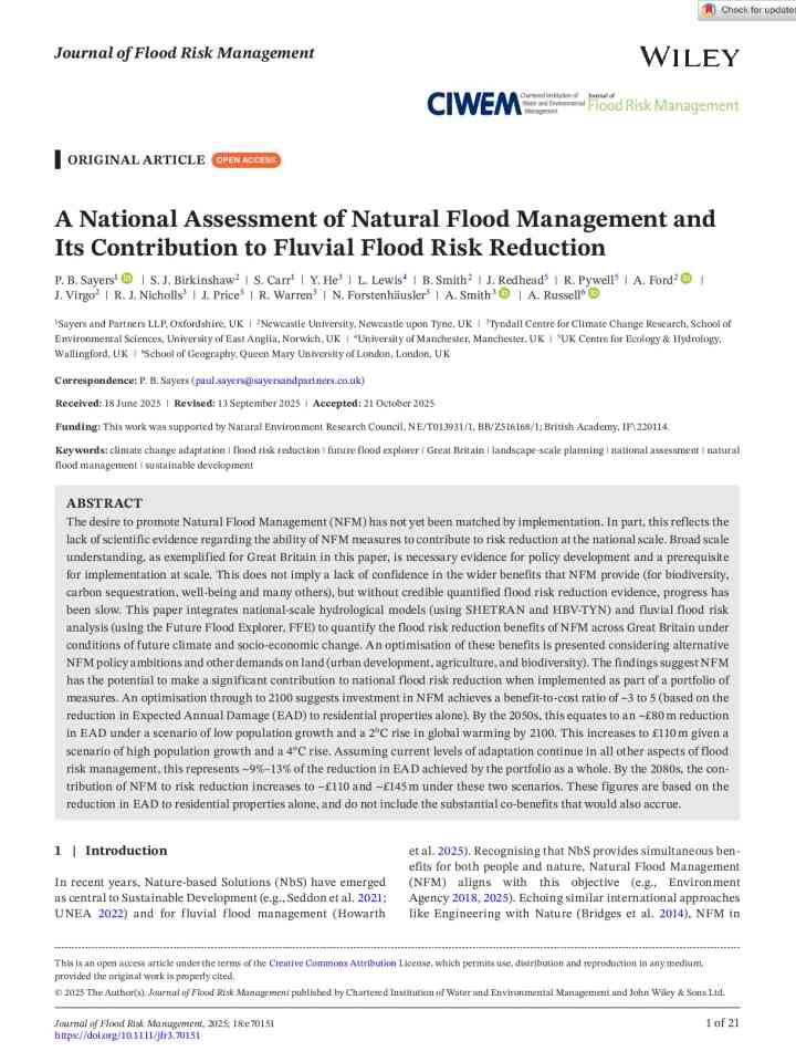 A national assessment of natural flood management and its contribution to fluvial flood risk reduction thumbnail