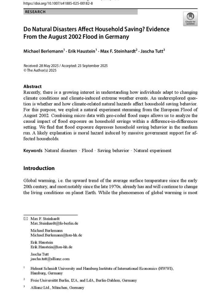 Do disasters affect household saving? Evidence from the August 2002 flood in Germany thumbnail