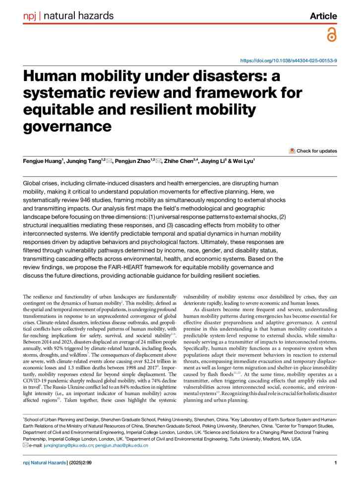 Human mobility under disasters: a systematic review and framework for equitable and resilient mobility governance thumbnail