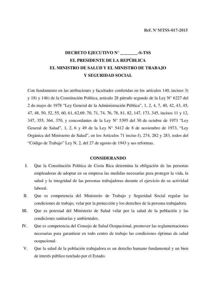 Executive decree No. MTSS-017-2015 of the president of the republic, the minister of health, and the minister of labour and social security thumbnail