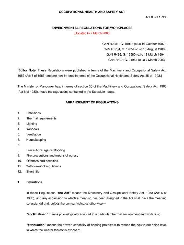 Occupational health and safety act environmental regulations for workplaces thumbnail