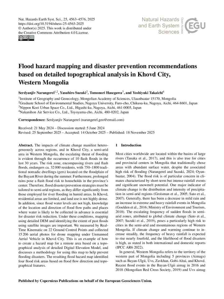 Flood hazard mapping and disaster prevention recommendations based on detailed topographical analysis in Khovd City, Western Mongolia thumbnail