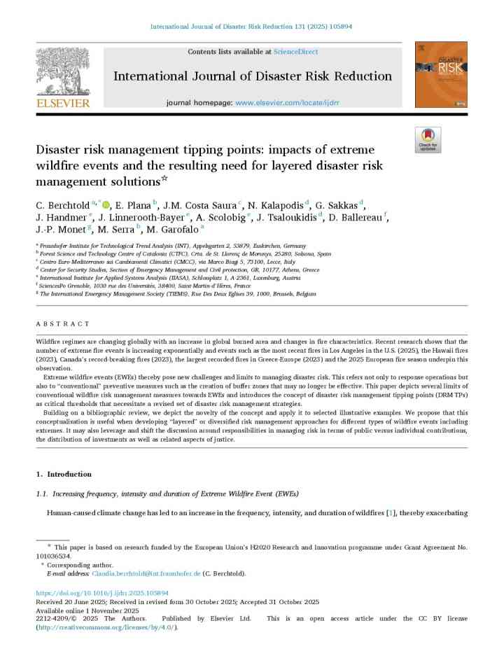 Disaster risk management tipping points: impacts of extreme wildfire events and the resulting need for layered disaster risk management solutions thumbnail
