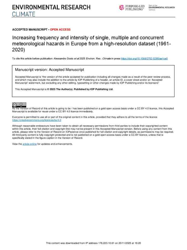 Increasing frequency and intensity of single, multiple and concurrent meteorological hazards in Europe from a high-resolution dataset (1961-2020) thumbnail