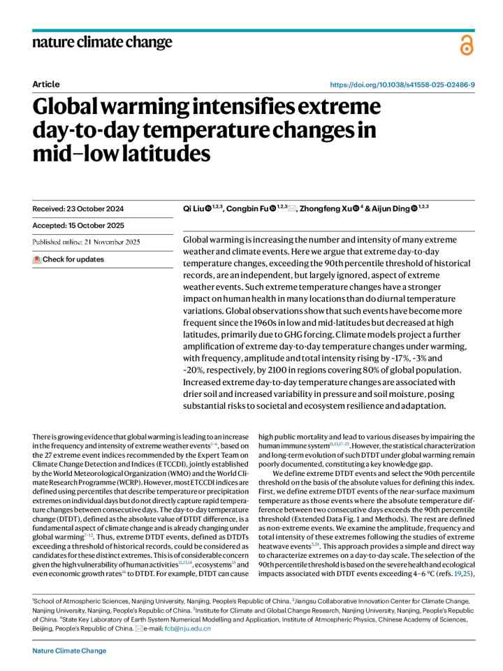 Global warming intensifies extreme day-to-day temperature changes in mid–low latitudes thumbnail