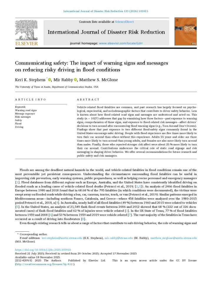 Communicating safety: The impact of warning signs and messages on reducing risky driving in flood conditions thumbnail