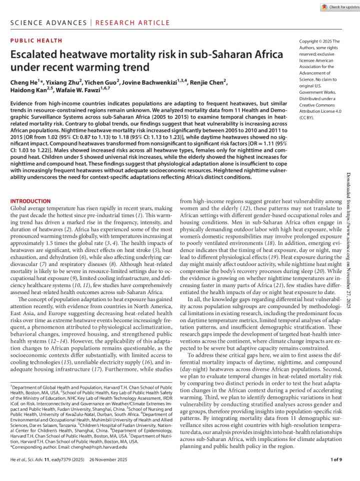 Escalated heatwave mortality risk in sub-Saharan Africa under recent warming trend thumbnail