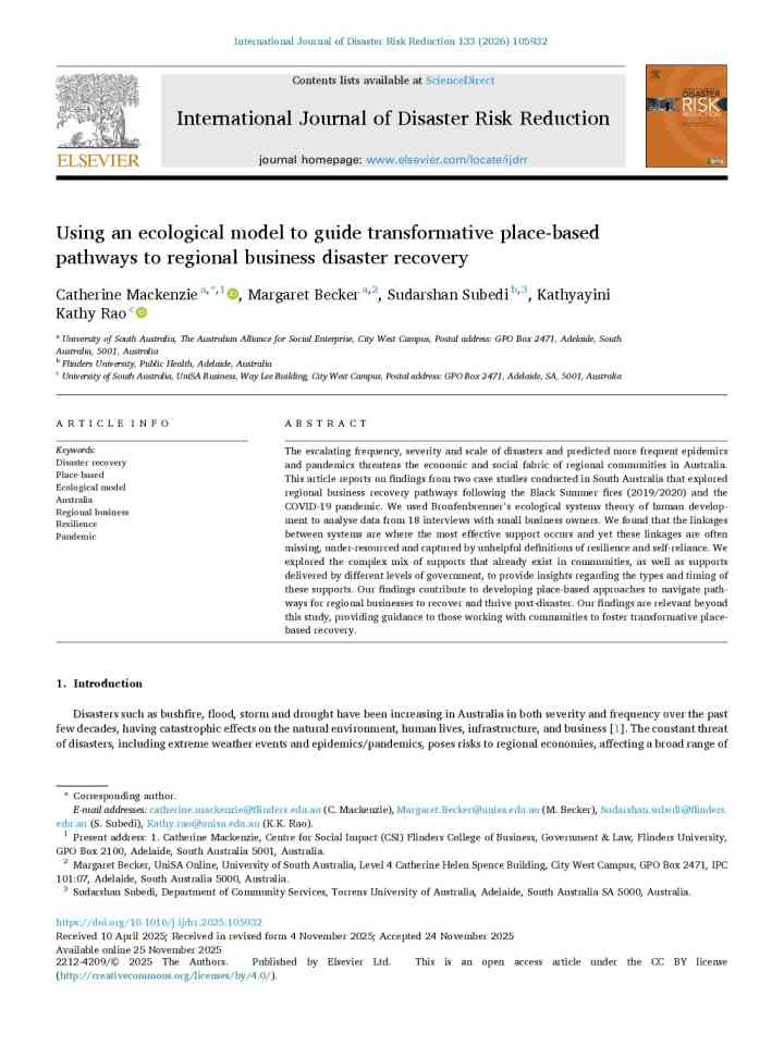 Using an ecological model to guide transformative place-based pathways to regional business disaster recovery thumbnail
