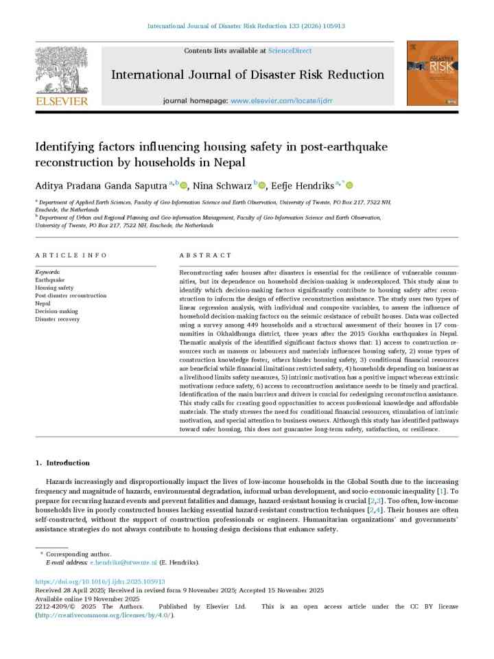 Identifying factors influencing housing safety in post-earthquake reconstruction by households in Nepal thumbnail