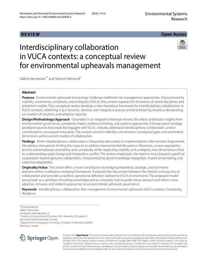 Interdisciplinary collaboration in VUCA contexts: a conceptual review for environmental upheavals management thumbnail