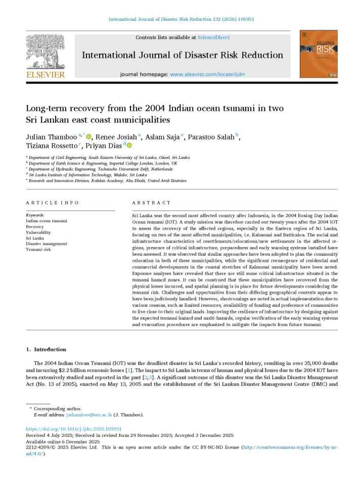 Long-term recovery from the 2004 Indian ocean tsunami in two Sri Lankan east coast municipalities thumbnail