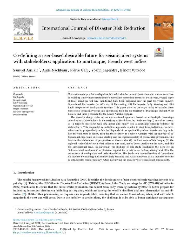 Co-defining a user-based desirable future for seismic alert systems with stakeholders: application to Martinique, French West Indies thumbnail