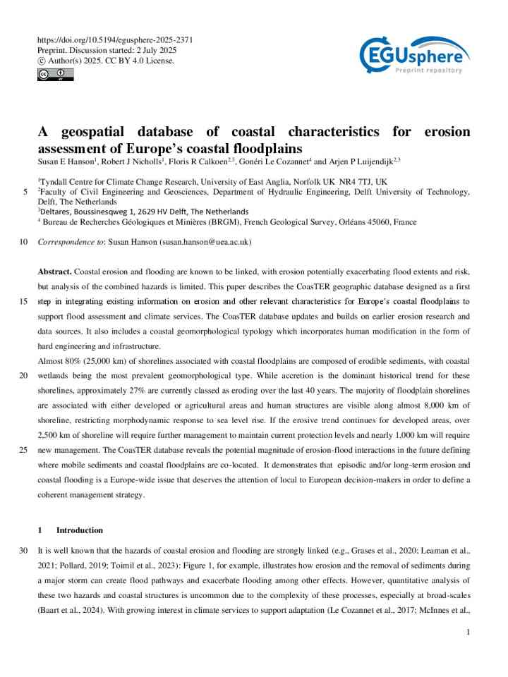A geospatial database of coastal characteristics for erosion assessment of Europe’s coastal floodplains thumbnail