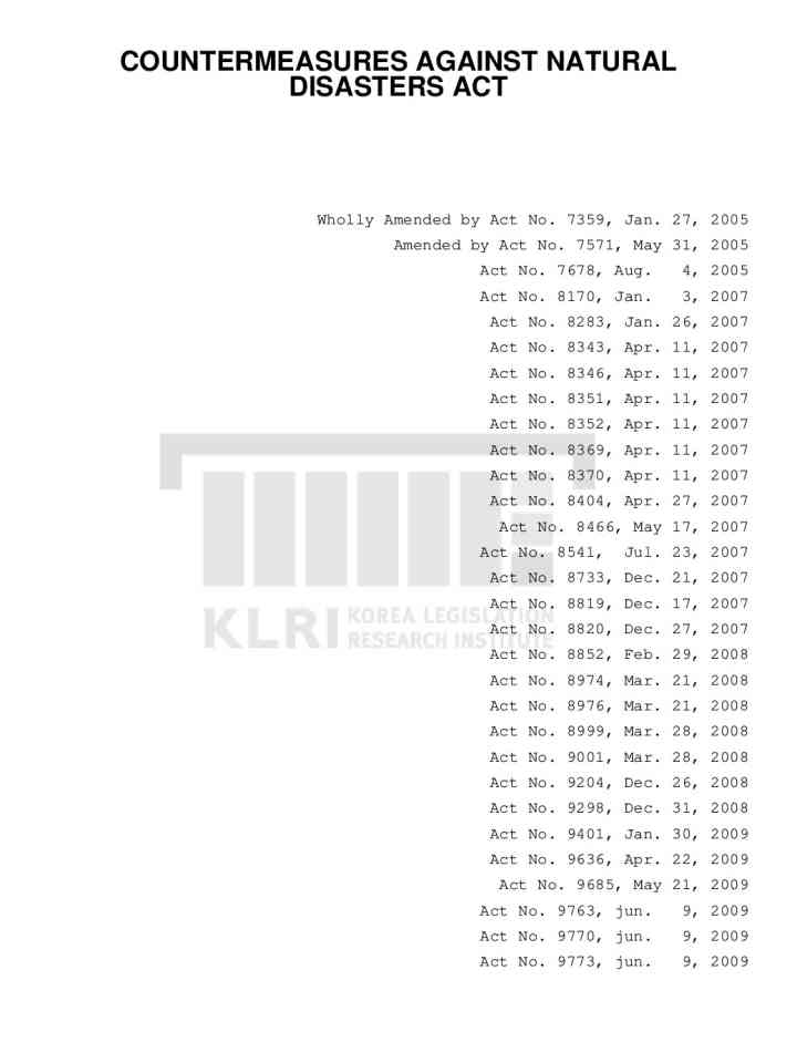 Republic of Korea: Countermeasures against Natural Disasters Act thumbnail