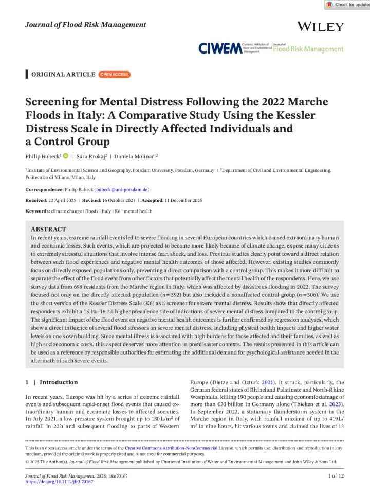 Screening for mental distress following the 2022 Marche Floods in Italy: A comparative study using the kessler distress scale in directly affected individuals and a control group thumbnail