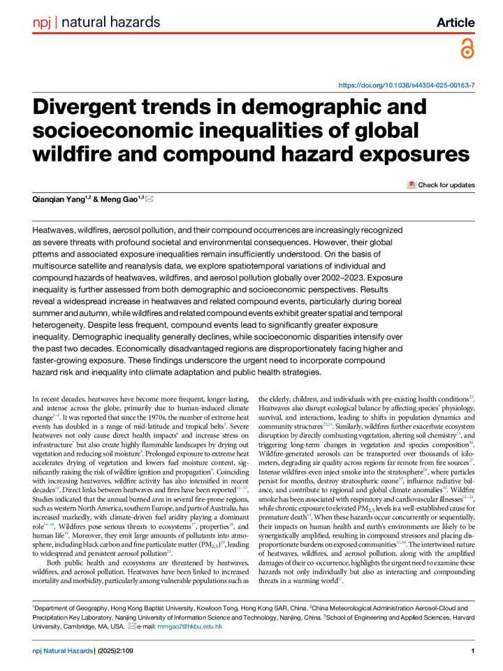 Divergent trends in demographic and socioeconomic inequalities of global wildfire and compound hazard exposures thumbnail