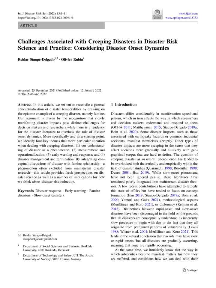 Challenges associated with creeping disasters in disaster risk science and practice: Considering disaster onset dynamics thumbnail