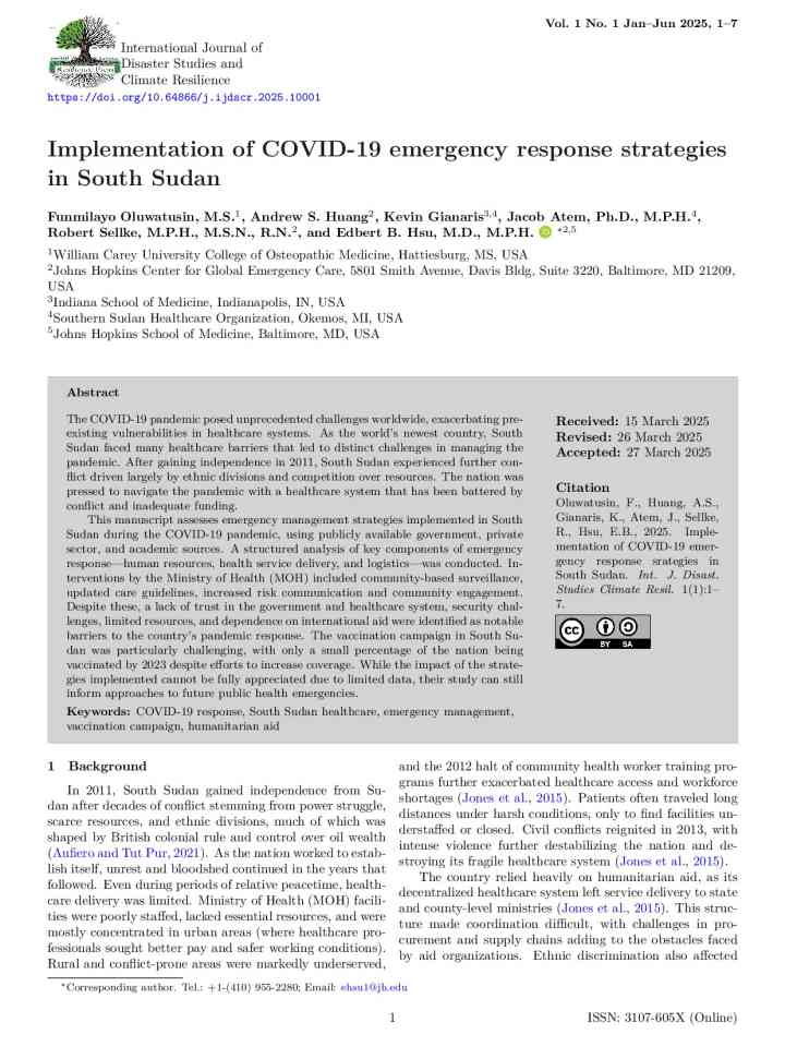 Implementation of COVID-19 emergency response strategies in South Sudan thumbnail