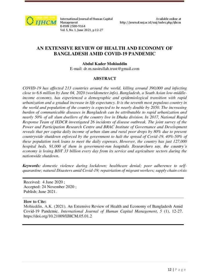 An extensive review of health and economy of Bangladesh amid Covid-19 pandemic thumbnail