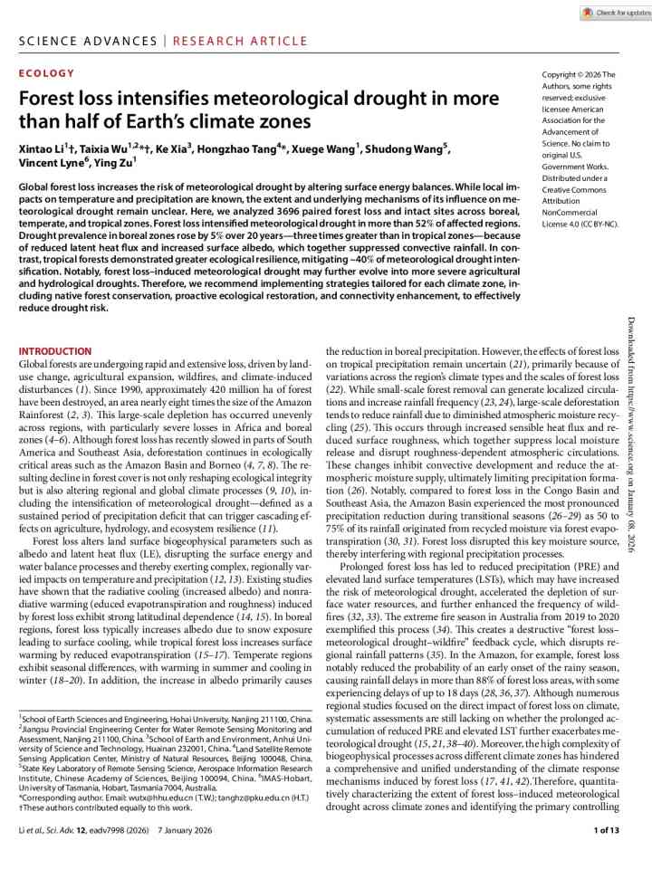 Forest loss intensifies meteorological drought in more than half of Earth’s climate zones thumbnail