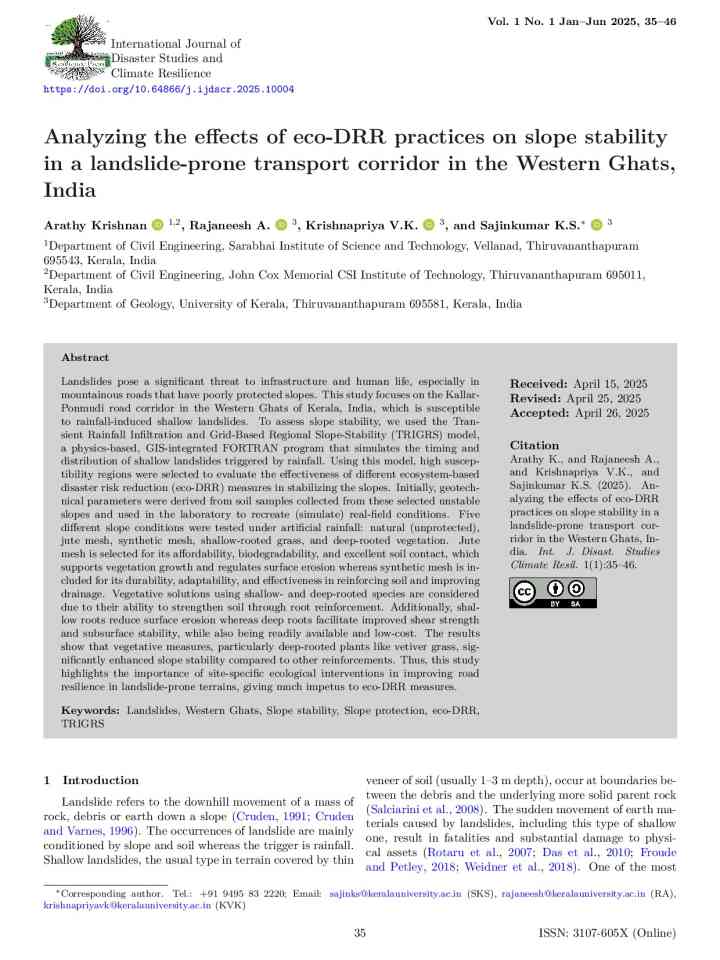 Analyzing the effects of eco-DRR practices on slope stability in a landslide-prone transport corridor in the Western Ghats, India  thumbnail