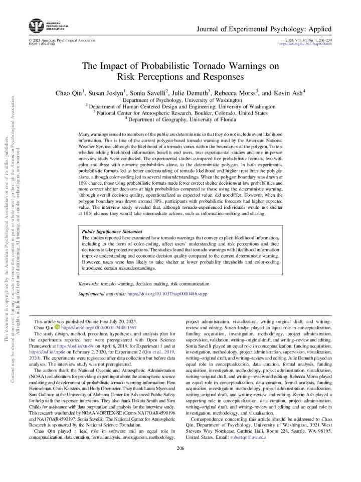 The impact of probabilistic tornado warnings on risk perceptions and responses thumbnail