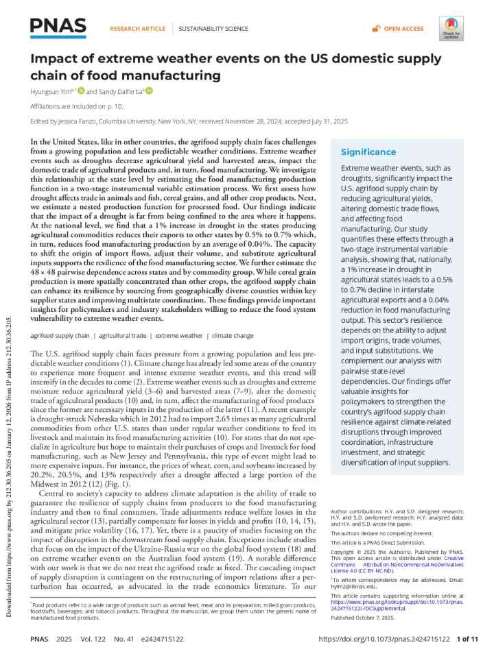 Impact of extreme weather events on the US domestic supplychain of food manufacturing thumbnail