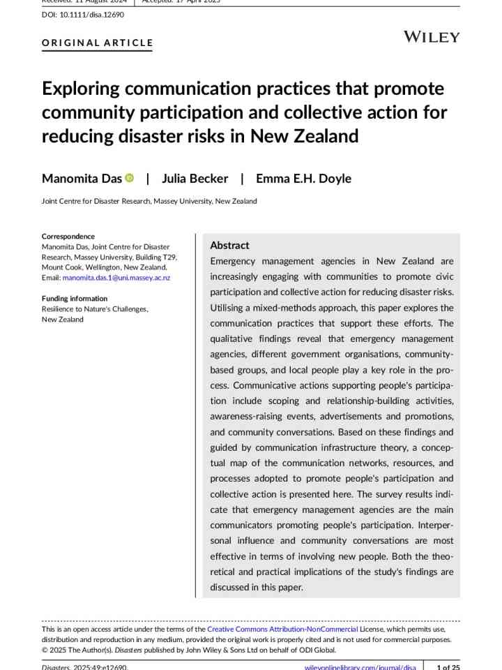 Exploring communication practices that promote community participation and collective action for reducing disaster risks in New Zealand thumbnail