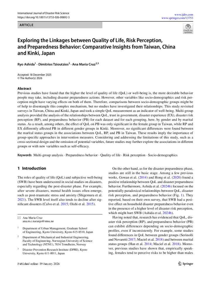 Exploring the linkages between quality of life, risk perception, and preparedness behavior: Comparative insights from Taiwan, China and Kinki, Japan thumbnail