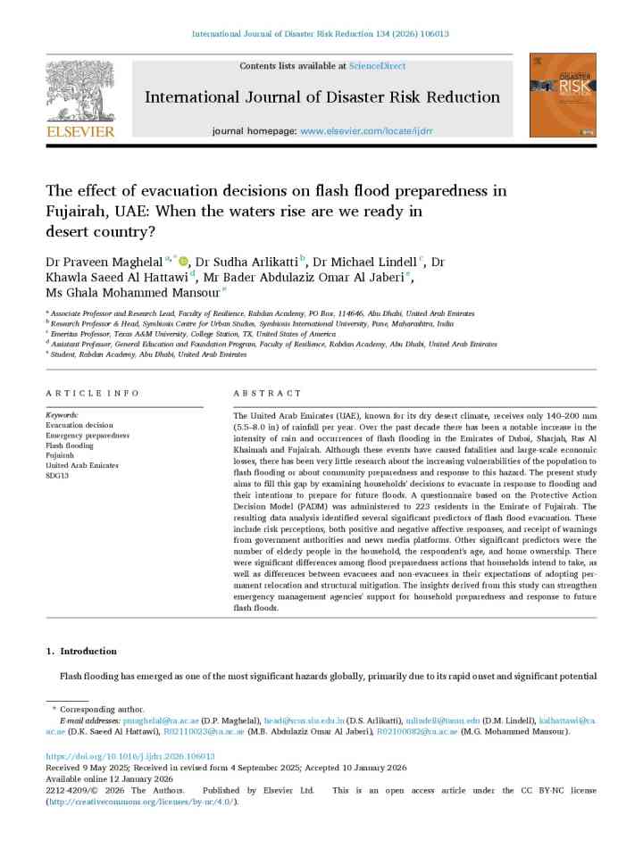 The effect of evacuation decisions on flash flood preparedness in Fujairah, UAE: When the waters rise are we ready in desert country? thumbnail