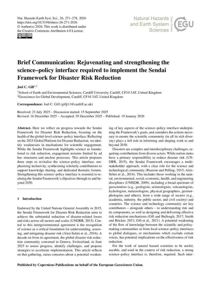 Rejuvenating and strengthening the science–policy interface required to implement the Sendai Framework for Disaster Risk Reduction thumbnail