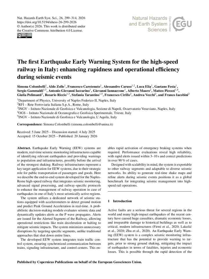 The first Earthquake Early Warning System for the high-speed railway in Italy: enhancing rapidness and operational efficiency during seismic events thumbnail