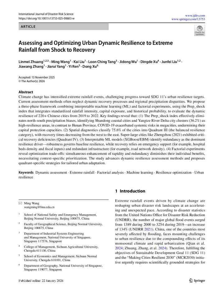 Assessing and optimizing urban dynamic resilience to extreme rainfall from shock to recovery thumbnail