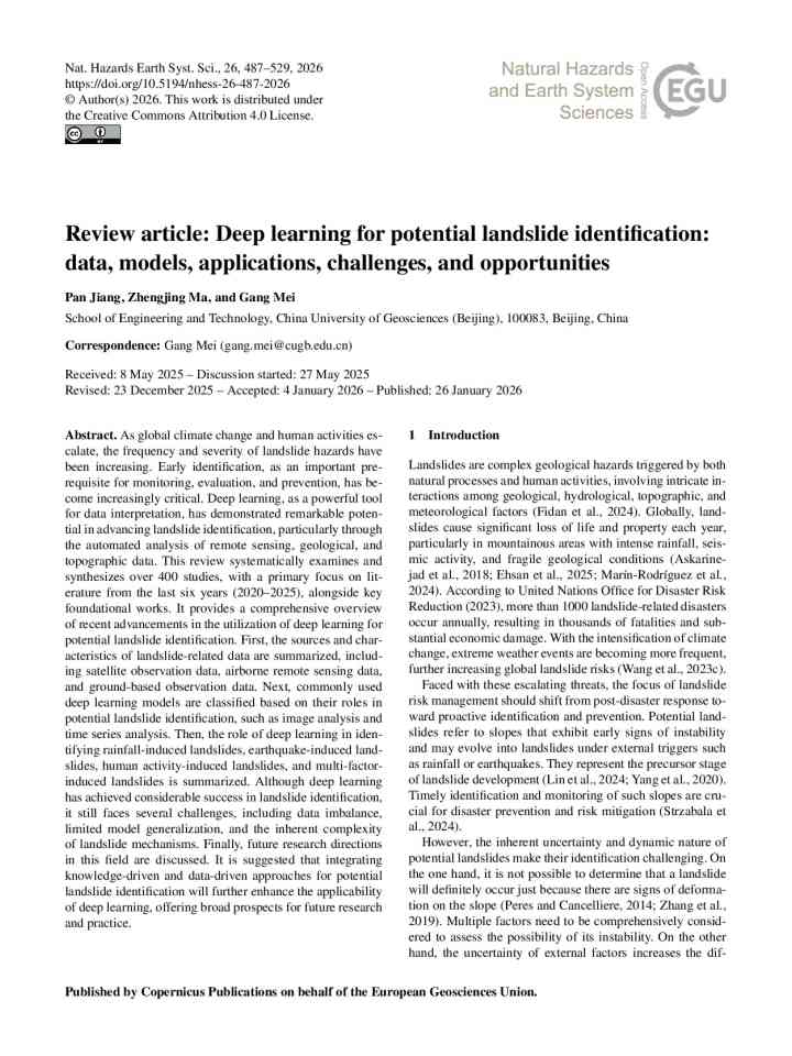Review article: Deep learning for potential landslide identification: data, models, applications, challenges, and opportunities thumbnail