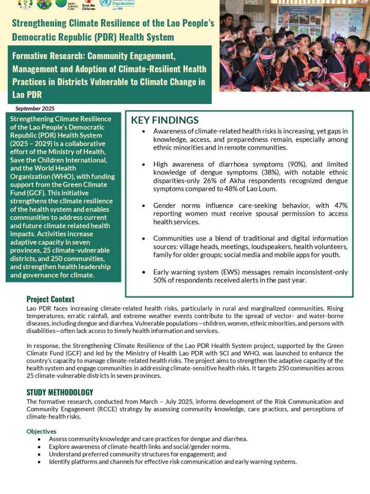 Formative research: Community engagement, management and adoption of climate-resilient health practices in districts vulnerable to climate change in Lao PDR (2025) thumbnail