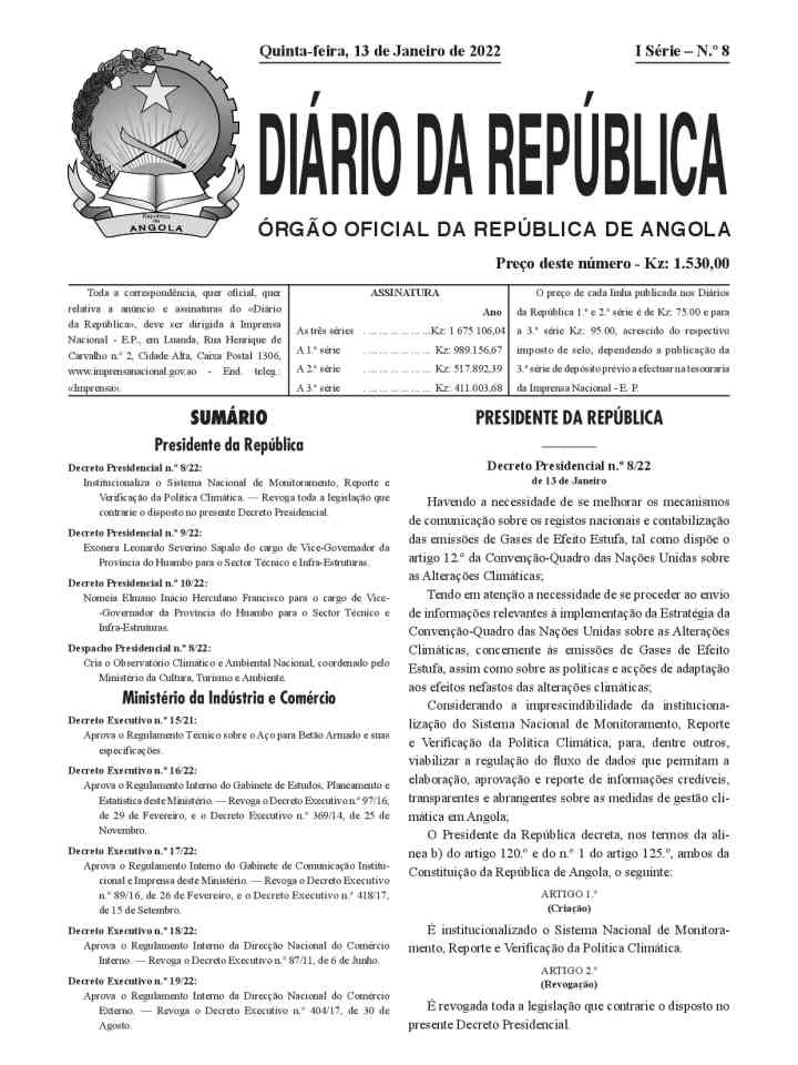 Presidential decree No. 8/22 regulating the national system for monitoring, reporting and assessment of the policy on climate thumbnail