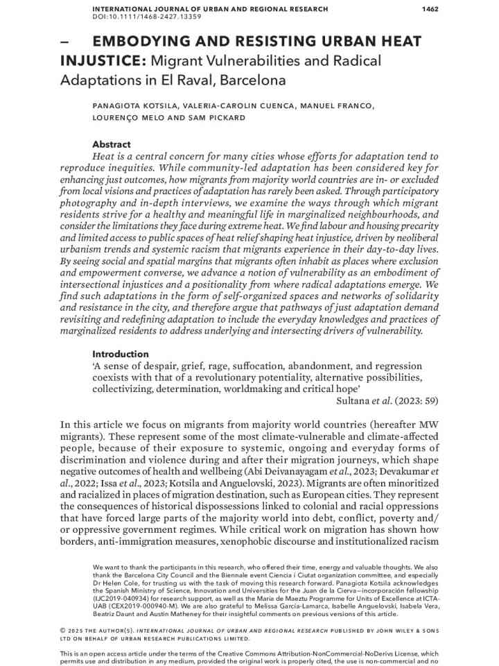Embodying and resisting urban heat injustice: Migrant vulnerabilities and radical adaptations in El Raval, Barcelona thumbnail
