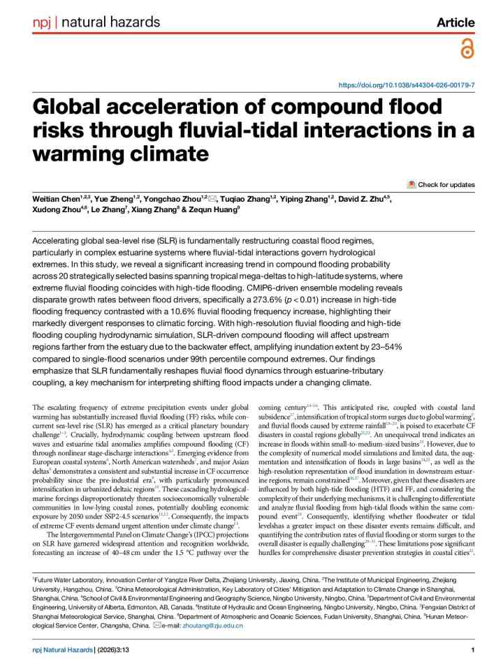 Global acceleration of compound flood risks through fluvial-tidal interactions in a warming climate thumbnail