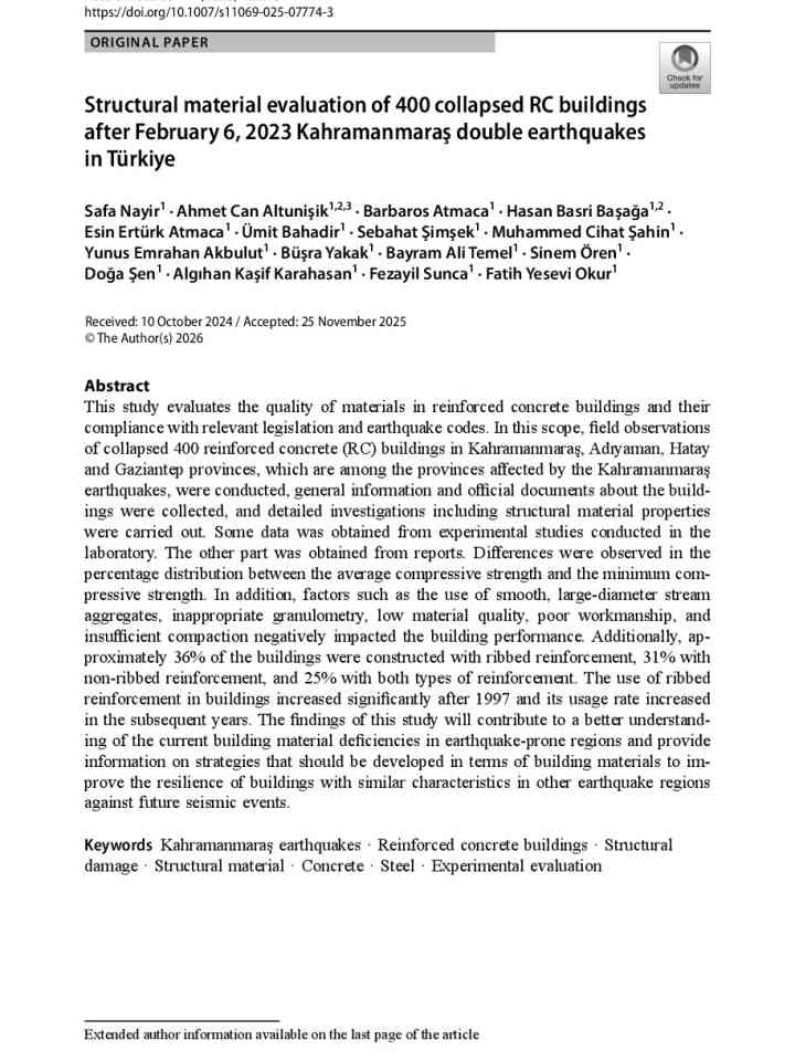 Structural material evaluation of 400 collapsed RC buildings after February 6, 2023 Kahramanmaraş double earthquakes in Türkiye thumbnail