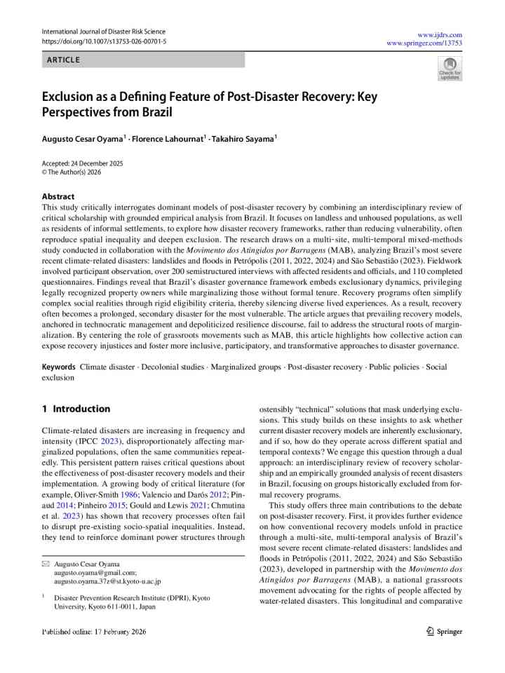 Exclusion as a defining feature of post-disaster recovery: Key perspectives from Brazil thumbnail