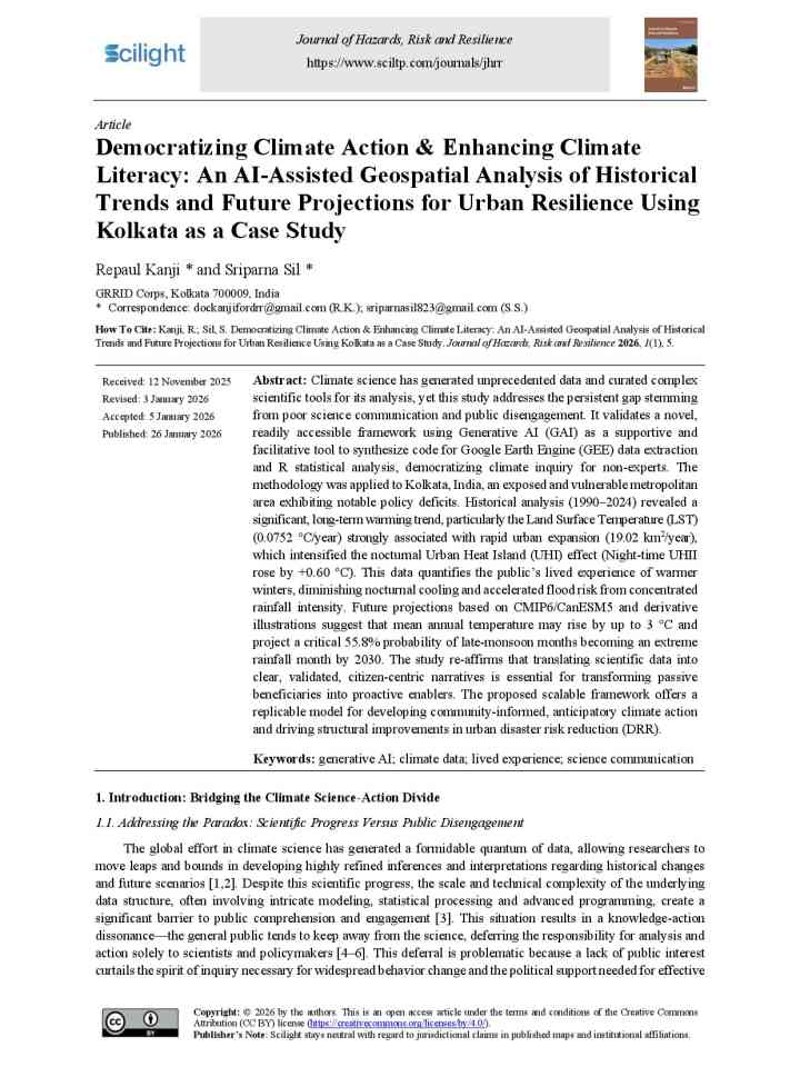 Democratizing climate action & enhancing climate literacy: An AI-assisted geospatial analysis of historical trends and future projections for urban resilience using Kolkata as a case study thumbnail